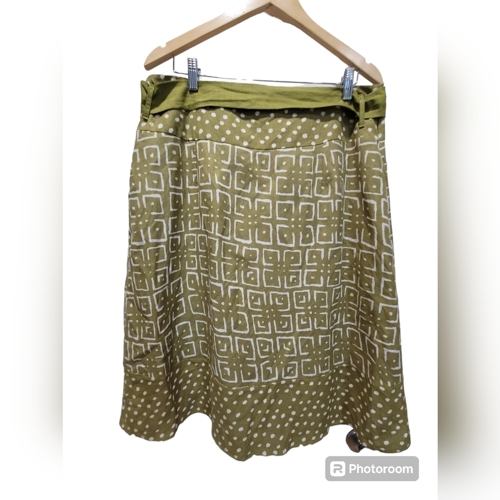 XL Avocado Green Geometric Skirt with Waist Tie String Side Zipper Liner Midi - Picture 2 of 8